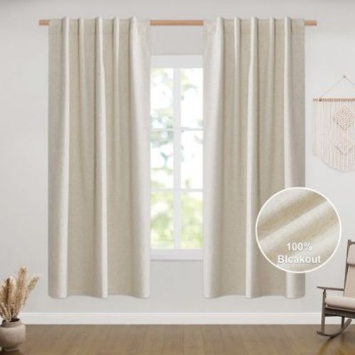 NICETOWN 100% Blackout Linen Curtains Thermal Insulated Burlap Window Drapes 2 Panels, 52W x 63L, Light Beige