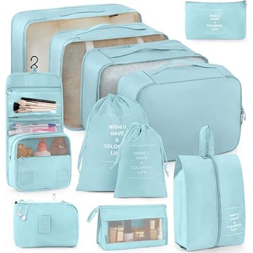 Anjing 11 Set Packing Cubes for Travel, Space-Saving Luggage Organizers, Suitcase Organizer Bags Set, Essentials for Carry-on Suitcases, Lake Blue (WMUS20230315X01-3)