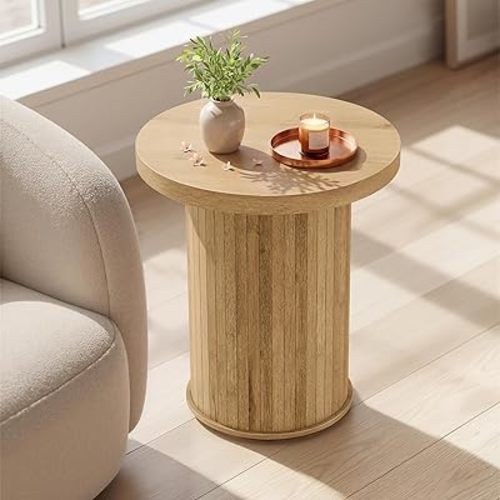 VASAGLE Round Side Table, Tambour End Table, Mid Century Modern Nightstand, Easy Assembly, for Small Spaces, Living Room, Bedroom, Home Office, 17.7 x 19.7 Inches, Natural Brown ULET295K101