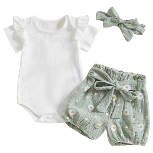Summer Outfits Set for Toddler Girls For 0-3 Months Newborn Infant Girl Rib Knit Romper Print Shorts Headband Summer Clothes 0 3 6 12 18 24 Months Green