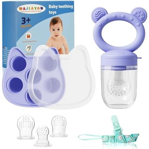 Baby Breastmilk Popsicle Molds & Baby Fruit Feeder, Infant Food Freezer Tray Storage Containers, Silicone Teething Pacifier Feeder and Teether for Babies,Boys and Girls-Purple