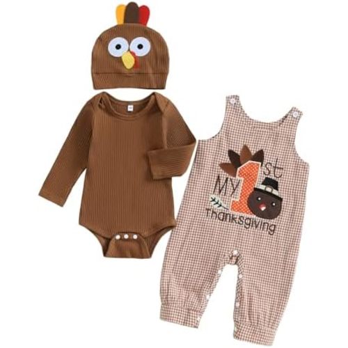 My First Thanksgiving Baby Boy Outfit Newborn Infant Long Sleeve Ribbed Romper Plaid Overalls Pants Hat 3Pcs Sets