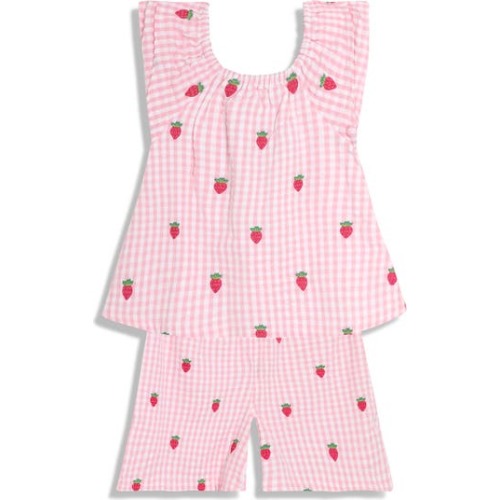 Gingham Check Strawberry Embroidered Cotton Seersucker Top & Shorts Set, 12-18M