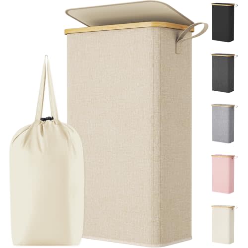 Lifewit 75L Slim Laundry Hamper with Lid and Removable Bag, Beige | Bamboo Handles, Foldable Narrow Laundry Baskets, Thin Laundry Bin, Dirty Clothes Hamper for Laundry, Bathroom, Bedroom, Dorm