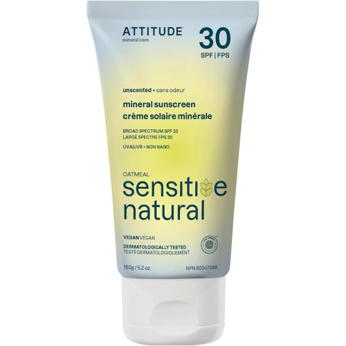 ATTITUDE Mineral Sunscreen for Sensitive Skin, Made in Canada, EWG Verified, Broad Spectrum UVA/UVB, Dermatologically Tested, Plant and Mineral-Based Formula, Vegan, SPF 30, Unscented, 150 grams