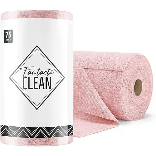 Fantasticlean Microfiber Cleaning Cloth Roll -75 Pack, Tear Away Microfiber Towels, 12" x 12", Reusable, Washable, Scratch Free, Ultra Absorbent Dish Rags for Car, Home, Garage or Shop (Pink)