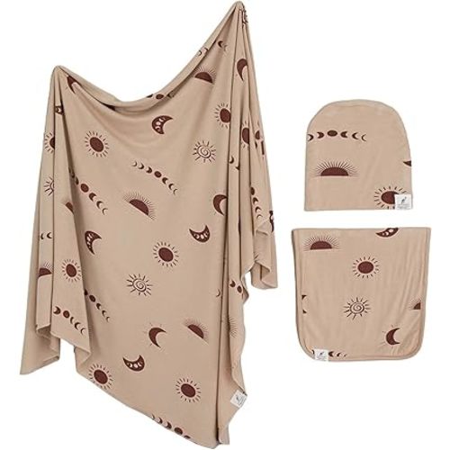 Leyl&Ari Stretchy Swaddle Blanket | Gender Neutral Baby Gifts | Receiving Blanket Burp Cloth Hat Set | Sun Swaddle Blanket