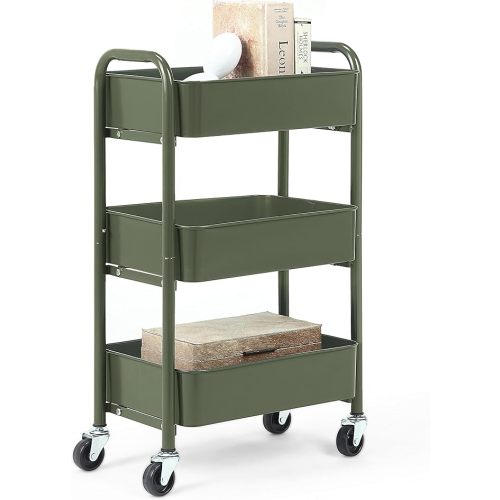 SunnyPoint 3-Tier Delicate Compact Rolling Metal Storage Organizer - Mobile Utility Cart Kitchen/Under Desk Cart with Caster Wheels (Army, Compact (15.5" X 26.8" X 10.27"))
