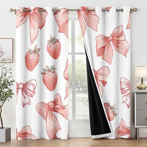 Pink Bow Curtains for Living Room, Thermal Insulated Girly Princess Fruit Blackout Curtains 54 Inches Long, Grommet Drapes Window, Strawberry Bowknot Bedroom Decor, 2 Panels H4d-42