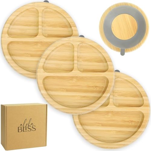 3PCS Bamboo Suction Plates for Babies - Baby Suction Food Plate - Suction Plate for Toddlers - 3 Sectioned Toddler Plates for Easy Feeding & Mess-Free Meals - Suction Plates for Baby and Toddlers
