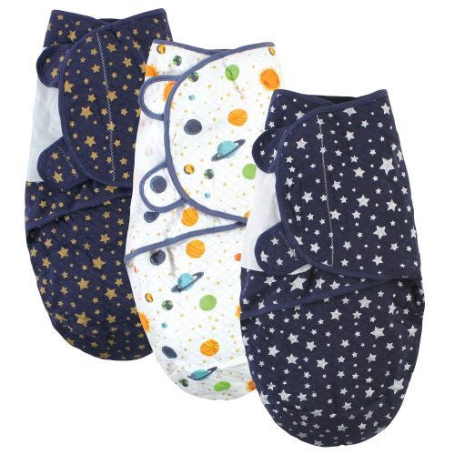 Hudson Baby Unisex Baby Quilted Cotton Swaddle Wrap 3pk, Metallic Stars, 0-3 Months - Metallic Stars - 0-3 Months