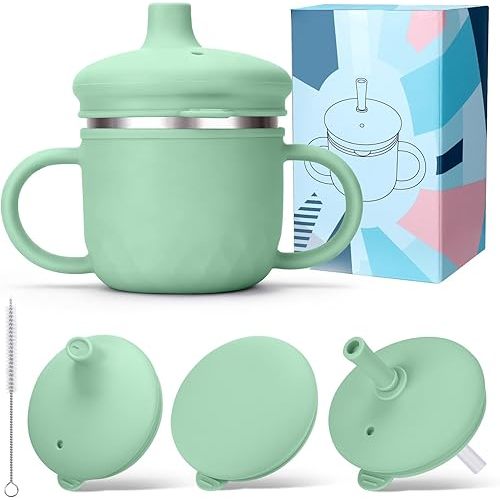 BUSOHA Stainless Steel Toddler Sippy Cup – 8oz Spill-Proof Straw Cup for 6+ Month Babies & Toddlers, 3-in-1 Reusable Travel Cup with Brush – Dishwasher Safe, Kids Drinking Cup