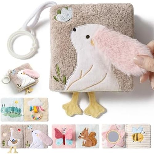 let's make Soft Baby Book, Sensory Crinkle Cloth Books for Babies 0-6 6-12 Months, Animal Tummy Time Toys with Baby Mirror & Squeaker, Touch and Feel Travel Stroller Toy, Newborn Gift Baby Shower