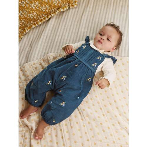 Navy Embroidered Baby Print Long Sleeve Bodysuit and Cord Dungarees Set 2 Piece (0mths-2yrs)