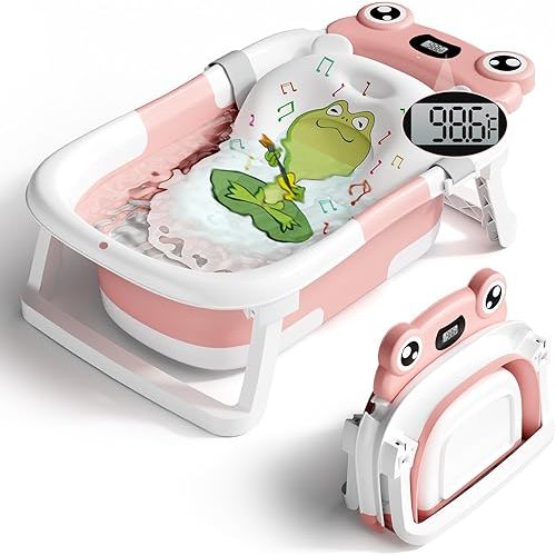 Baby Bathtub, Collapsible Newborn Bathtub for Infant to Toddler 0-24 Months with Soft Cushion and Thermometer,Portable Travel Newborn Tub with No-Slip Feet, Baby Shower Gifts,Pink