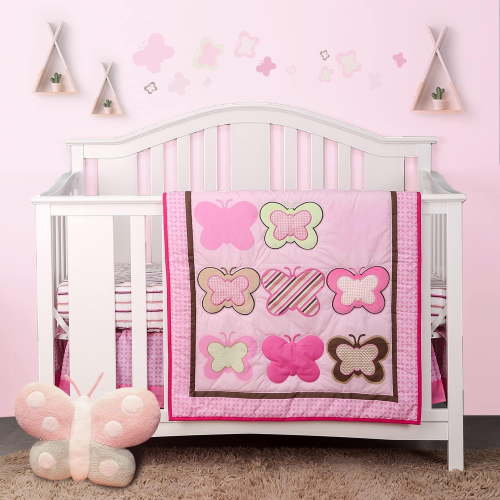 Sweet baba Luxury 4 PC Butterfly Crib Bedding Set, Pink Crib Set for Baby Girls, Microfiber Printed Cotton Nursery Bedding Set Including Comforter/Skirt/2 Crib Sheets