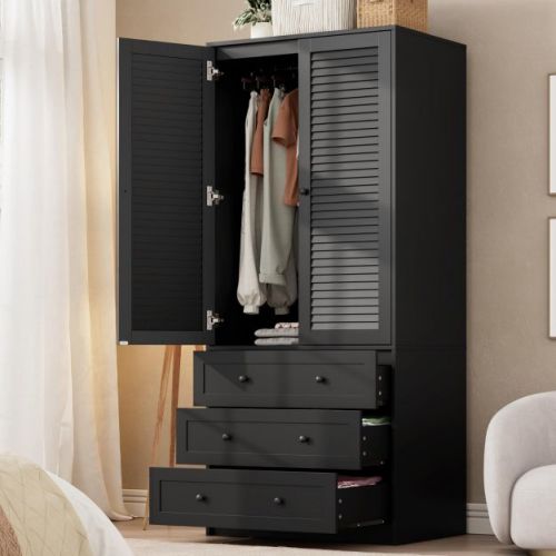 70" Wardrobe Armoire Wooden Closet with 2 Doors and 3 Drawers, Hanging Rod Shelf, Large Capacity Storage Wardrobe Armoire, Black-AB box