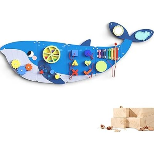 BlueWood Wooden Wall Busy Board Panels, Toddler Learning Activity Center, Montessori Philosophy Sensory, Educational Toys, Conducive to All-Round Development - Whale