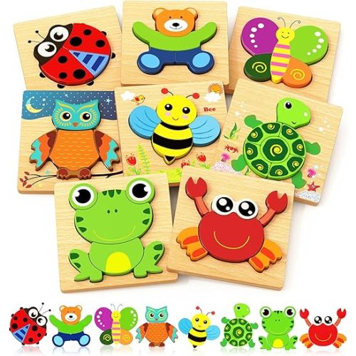 Bekayshad Wooden Puzzles Toddler Toys Gifts for 1 2 3 Year Old Boys Girls, 8 Pack Animal Jigsaw Puzzles Montessori Toys, Learning Educational Christmas Birthday Gifts for Girls Boys Ages 1-3