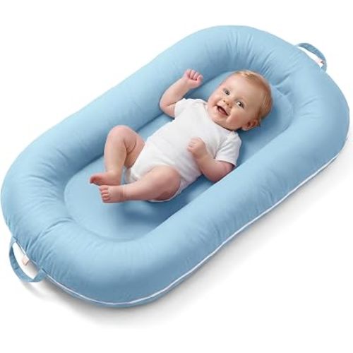 Newborn Lounger Pillow, Infant Support Cushion with Breathable Mesh & Detachable Toy Arch, Portable Floor Lounger for Play/Travel, Machine Washable Cover (Blue)
