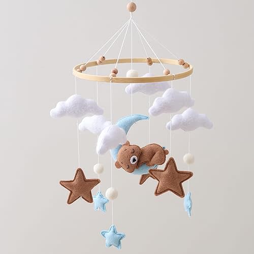 Calming Baby Crib Mobile with Sleeping Bear, Stars & Clouds – Soothes Fussy Babies, Encourages Visual Tracking, and Elevates Nursery Decor, Perfect for Newborns & Infants