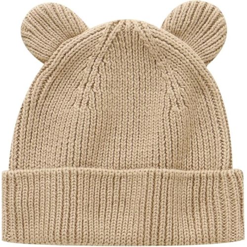 Hadetoto Cotton Baby Beanie Winter Knitted Hat with Bear Ear for Infant Toddler Boys Girls Soft Warm Skull Cap (US, Age, 0 Months, 6 Months, Beige)