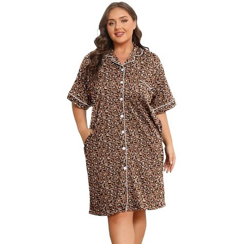 Vozanet Women Button Down Nightgown Plus Size Nursing Nightshirt Boyfriend Nighty Bridal Sleepdress with Pockets XL-5XL