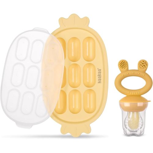 Haakaa Baby Fruit Food Feeder & Silicone Nibble Tray Combo - Breastmilk Popsicle Mold for Baby Cooling Relief, BPA Free Baby Mesh Feeder for Infant Self Feeding