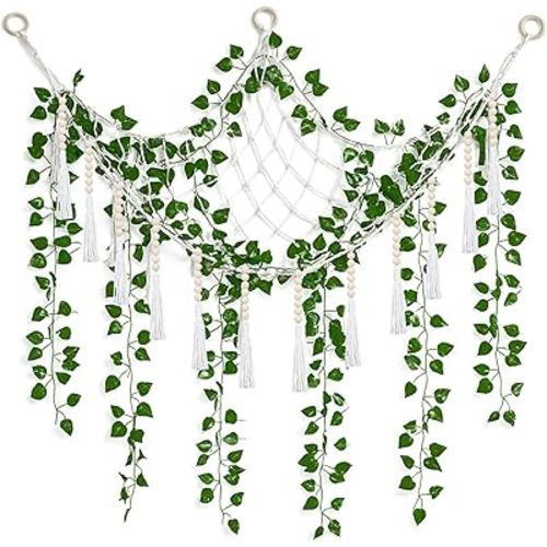 4 Pcs Large Stuffed Toy Storage Net Hammock Corner with Fake Vines Artificial Ivy Garland Bedroom Aesthetic Decor for Kids Baby Nursery Essentials Wall Bedroom Home Decor (White)