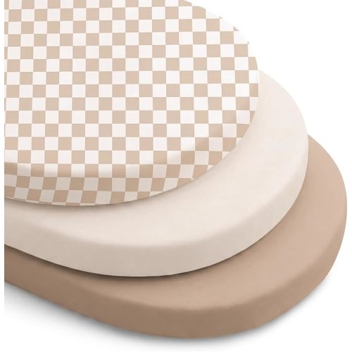 Konssy Silky Soft Bassinet Sheets 3 Pack, Ultra-Stretchy Bassinet Mattress Sheets for Baby Girl Boy, Breathable Fitted Sheet for Standard Oval Hourglass Mattress (Coffee Check)