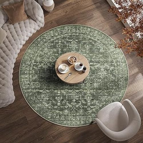 6ft Round Washable Area Rugs for Living Room, Vintage Boho Large Rug for Bedroom Dining Room Office, Distressed Floral Print Carpet for Under Table, Soft Non Slip Low Pile Throw Indoor Mat, Green