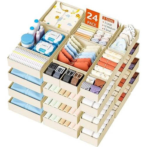 DIMJ Drawer Organizer Clothes - 24 Pack Baby Dresser Organizer for Nursery, Foldable Drawer Organizer Bins for Closet Bedroom Organization, Fabric Clothes Storage Dividers for Underwears, Socks, Bras