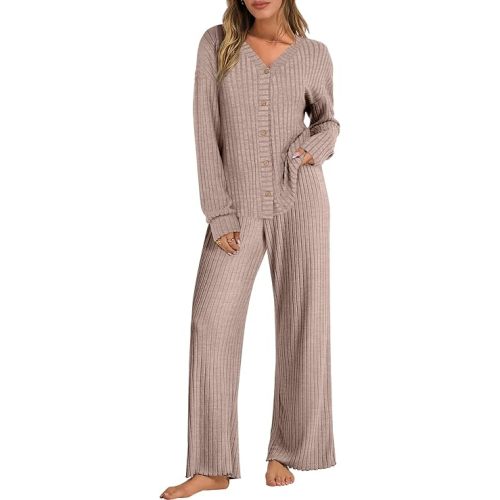 ANRABESS Women's 2 Piece Lounge Pajama Sets Ribbed Long Sleeve Button Top Matching Pants Sleepwear PJ Set 2025 Fall Outfits