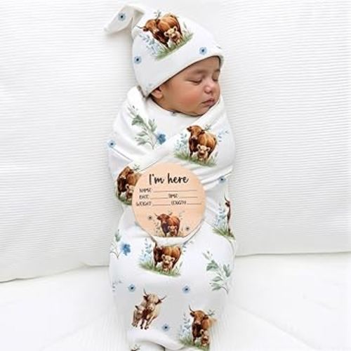 Ylsteed Baby Highland Cow Swaddle Blanket and Headband Set, Newborn Receiving Blanket Swaddle Wrap for Girls and Boys, Swaddling Blankets Neutral for Newborn 32 * 32 in (Highland Cow Blue)