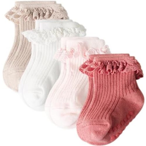 AQOKKA Baby Girl Toddlers Socks with Non-slip Grip Cute Frilly Ruffle Ankle Soft Cotton Newborn Baby Socks for Infant Kids