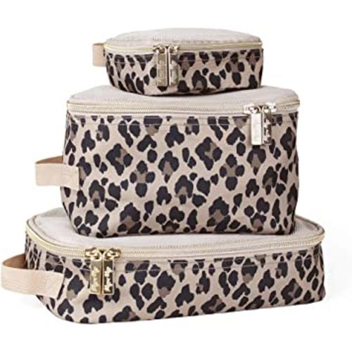 Itzy Ritzy Packing Cubes for Travel – Set of 3 Packing Cubes or Travel Organizers; Each Travel Cube Features a Mesh Top, Double Zippers and a Fabric Handle (Leopard)