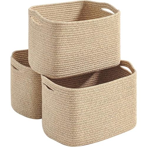 Storage Baskets for Organizing Shelves, Woven Cotton Rope Basket for Storage, Dog Toy Baskets Storage Kids, Cute Shelf Basket for Living Room Bedroom, 14.8"×11"×9.5", Pack of 3, Brown