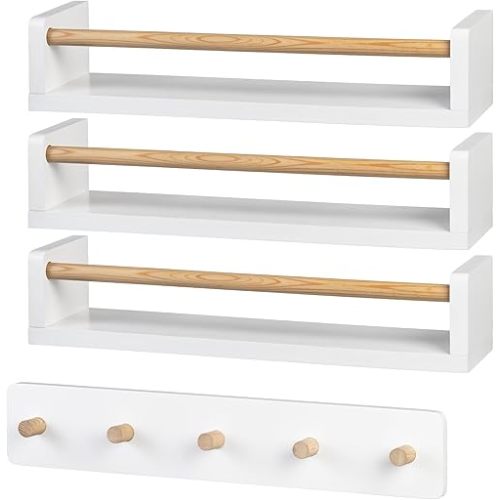 Nursery Floating Shelves with Space-Saving Hook Rack - Set of 4 Solid Wood Wall Storage for Toys, Books, Hats, Blankets, and Clothes - Modern Kids Room Decor (Snowy Alpine White)