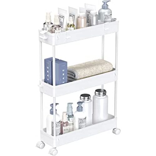 SPACELEAD Slim Storage Cart,3 Tier Bathroom Rolling Utility Cart Storage Organizer Slide Out Cart, Mobile Shelving Unit Organizer Trolley for Office Bathroom Kitchen Laundry Room Narrow Places, White