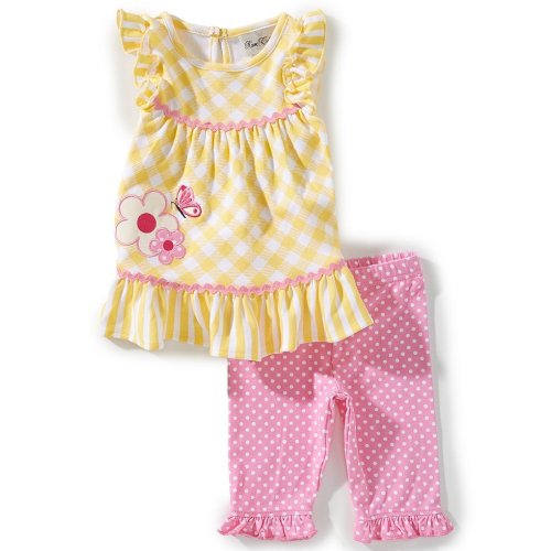 Rare Editions Baby Girls Flutter-Sleeve Checked Flower/Butterfly-Appliqued Tunic Top & Pindotted Leggings Set
