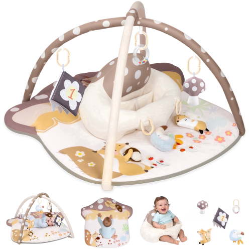 PRVAETU Baby Play Mats Tummy Time Mat for Infant Washable Padded Baby Activity Center with Detachable Toys Non-Slip Baby Gym Playmat,Khaki