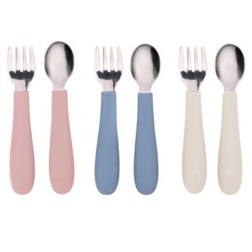 WeeSprout Toddler Utensils, 3 Forks & 3 Spoons, 18/8 Stainless Steel & Food Grade Silicone - Matte Blue, Pink, Off White