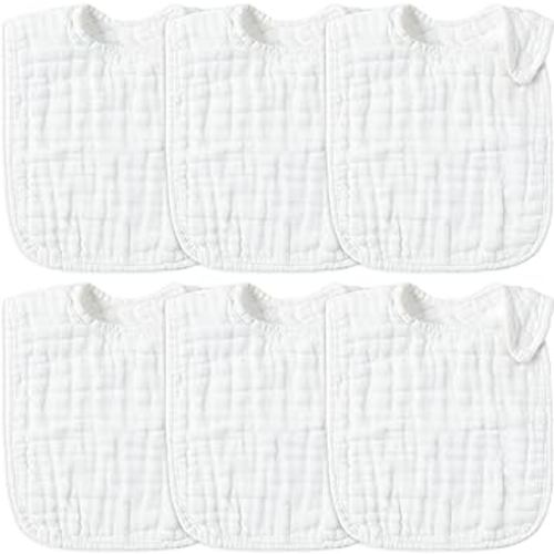 Zainpe 6Pcs Snap Muslin Cotton Baby Bibs White Adjustable Drool Bib with 6 Absorbent Soft Layers, Machine Washable Unisex Burp Cloths for 3 to 36 Months Boys Girls Infant Newborn Toddler