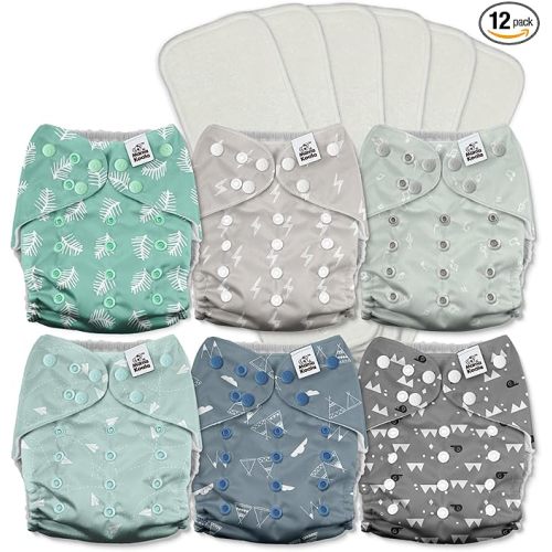 Mama Koala 3.0 Pocket Cloth Diapers for Babies with AWJ Lining, 6 Pack with 6 5-Layer Natural Cloth Diaper Inserts - Reusable and Washable Pocket Diapers(A-The Gray Sky)