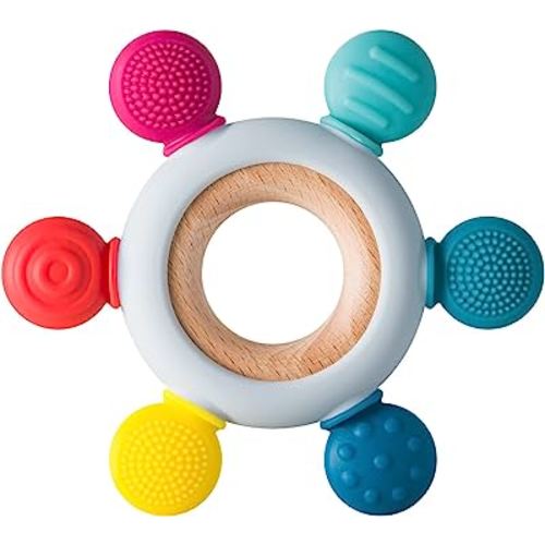 Baby Teething Toys Silicone Teethers BPA Free Silicone Rudder with Wooden Ring Soothe Babies Gums (Rainbow)
