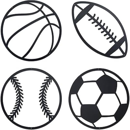 Noxozoqm Metal Sports Sign Wall Decor, Basketball, Soccer, Baseball & Football Art, Sports Room Decor for Kids & Teens, Bedroom, Playroom & Nursery Decor 4pcs Black
