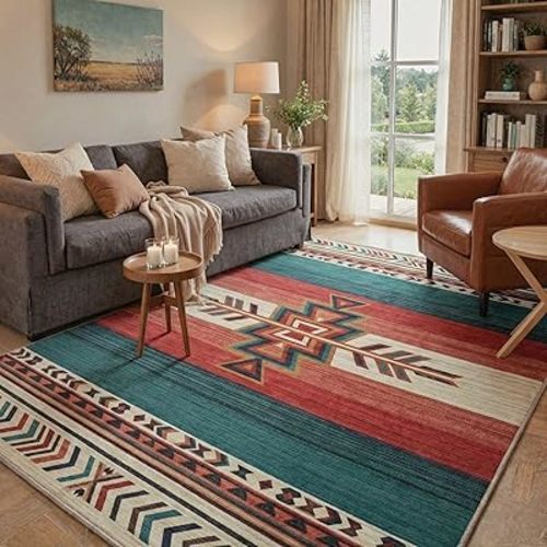 Bavni 5x7 Area Rugs for Living Room Machine Washable Non Slip Low Pile Boho Print Rugs, Lightweight Indoor Floor Rug for Bedroom, Dining Room, Home Decor, Bohemian Style Crimson Teal