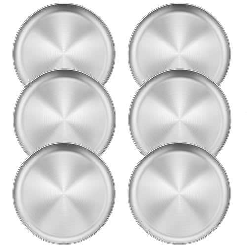 Homikit 6 Pack Stainless Steel Plates, 8 Inch Metal Kids Toddler Dinner Plate Set Non Toxic, 304 Round Camping Plates for Serving Dishes Dessert Salad, Unbreakable & Reusable, Dishwasher Safe