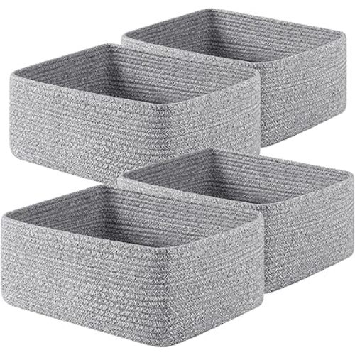 OIAHOMY 4 Pack 14.17 * 11.02 * 6.3IN Storage Baskets for Organizing Shelves, Woven Rope Baskets for Organizing Books, Clothes, Decorative Basket for Living Room, Nursery, Bedroom, Gift Basket, Grey