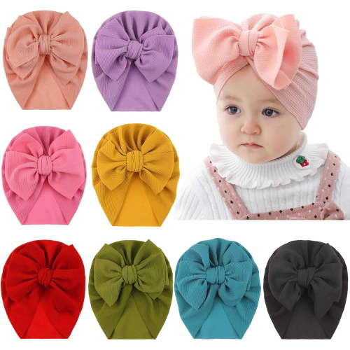 8 Pack Solid Large Turban Hat Cap Beanie Bonnet with Big Hair Bow Hospital Baby Hats Knot Headwraps Turbans for Newborn Baby Girls Toddlers Infants Kids